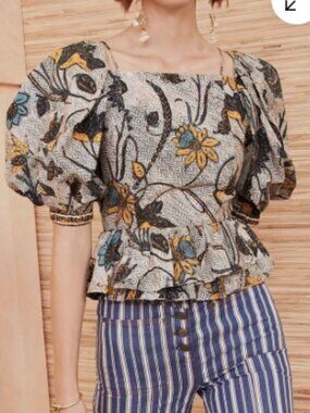 Ulla Johnson Floral Peplum Blouse Puff Sleeve Cotton Size 4